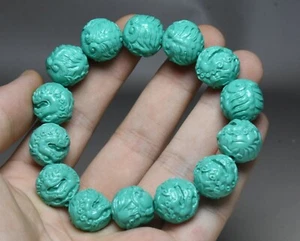 11cm Old China Turquoise Carving Foo Fu Dog Lion Beast Hand Chain Bracelet - Picture 1 of 5