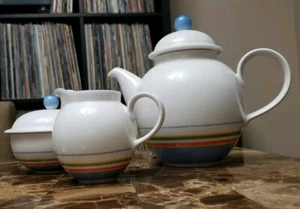 Villeroy and Boch Tea Pot Creamer Sugar Set White Striped Tipo Viva key Biscayne - Picture 1 of 12
