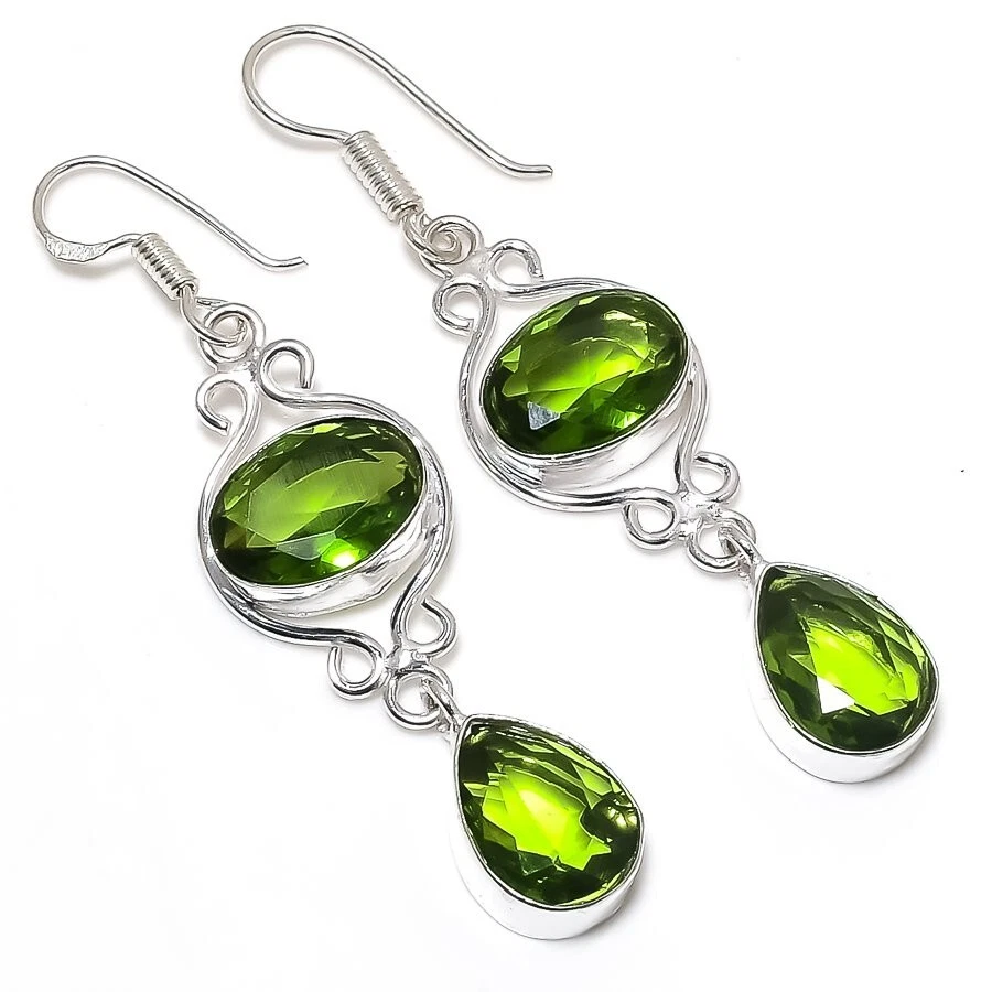 Green Peridot Gemstone Handmade 925 Sterling Silver Jewelry Earring Size 2.4" - Image 1 of 1