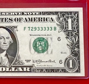 1977 $1 Dollar Fancy Serial Number 33333 -5 In Row ( ATLANTA F ) UNCIRCULATED - Picture 1 of 3