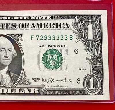1977 $1 Dollar Fancy Serial Number 33333 -5 In Row ( ATLANTA F ) UNCIRCULATED - Image 1 of 3