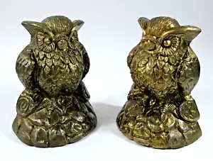 Vintage Owl Bookends Pair Metal Brass Finish Sand Filled Detailed Heavy 1960s - Picture 1 of 11