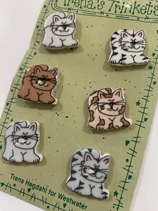 Boutons chat vintage 1996 Trena's Bibelots, Calico rayé blanc, gris, chats mignons - Photo 1/3