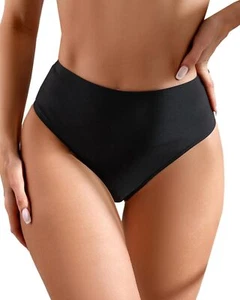 Women's Sexy High Waisted Cut Cheeky Thong Bikini Swimsuit Medium, Black - Picture 1 of 5