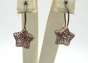 Sterling Silver Puffy Star Pierced Dangle Earrings Celestial Mesh - Picture 1 of 6
