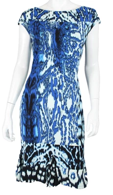 ROBERTO CAVALLI Blue & White Abstract Print Jersey Godet Hem Sheath Dress 44 - Image 1 of 4
