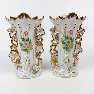Paar antike französische Porzellan Brautvasen, handbemalt & vergoldete Kaminsvase - Bild 1 von 10