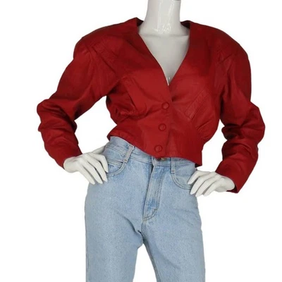 Jaqueta de couro vermelha vintage anos 80 Chia Moto Bolero cropped bombardeiro M - Imagem 1 de 4
