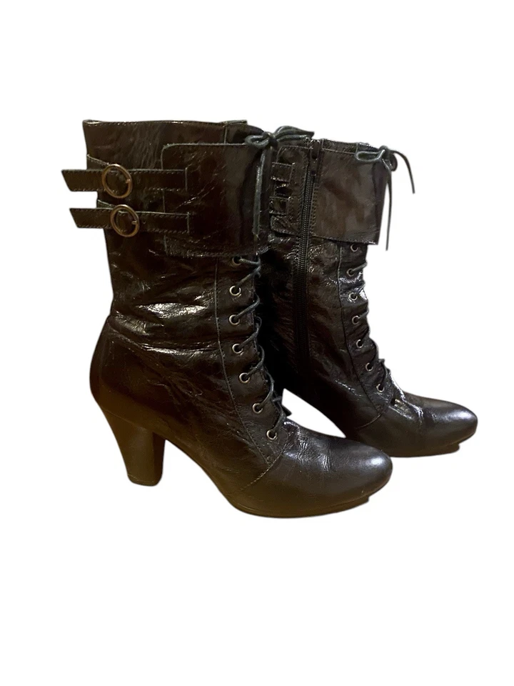 Miz Mooz “ Jules” Black Patent Leather Lace Up Buckle Heel Ankle Boots Size 7.5 - Image 1 of 4