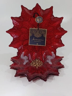 Juego de 3 platos de caramelo/lateral de vidrio de flor de pascua rojo y dorado con detalles artísticos de 9" Foto 1 de 2