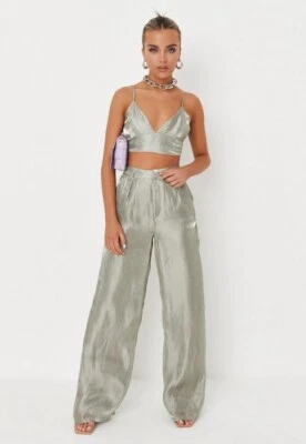 Pantalón Missguided Shimmer Pierna Ancha Color: Salvia Talla EE. UU. 6 Nuevo Con Etiquetas Foto 1 de 3