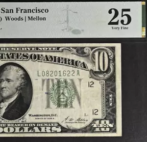 1928A $10 Federal Reserve Note PMG 25 - Redeemable in Gold on Demand - Fr 2001-L - Picture 1 of 3