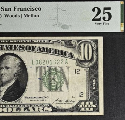 1928A $10 Federal Reserve Note PMG 25 - Redeemable in Gold on Demand - Fr 2001-L - Image 1 of 3