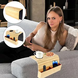 Sofa Arm Tray Bamboo Couch Arm Tray with Basket Foldable Armrest Tray wesHZ - Picture 1 of 22