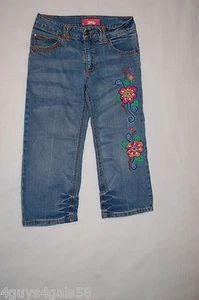 Girls CROPPED BLUE JEANS Capris EMBROID FLOWERS Hege Lines STRETCH Size 10 - Picture 1 of 3