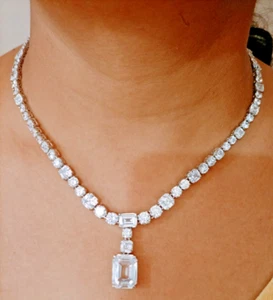 Damen 25Ct Smaragdschliff Künstlicher Diamant Tennis Halskette 14K Weiss Gold - Bild 1 von 11