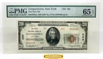 1929 $20 Cooperstown, New York NB CH#280  PMG 65 EPQ, Fr#1802-2 Tp2. - #C44618 - Image 1 of 2