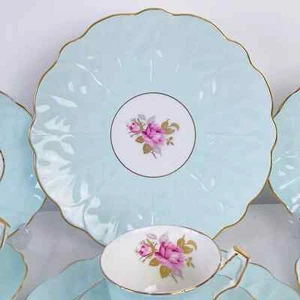 Duck Egg Blue Aynsley Crocus teaset items, pink cabbage roses, priced separately - Picture 1 of 5