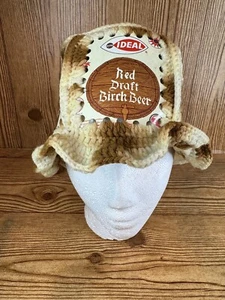 Vintage Crocheted Hat with Red Draft Birch Beer Soda Can Panels Acme Ideal 70s - Picture 1 of 10