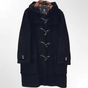 Burberry Duffle Coat Women Large Regular Black Wool Nova Check Lined Toggle Hood - Picture 1 of 24