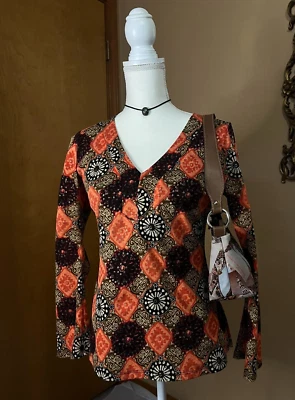VTG y2k International Concepts INC Women Orange Brown Long Sleeve Mesh Top Small - Image 1 of 4