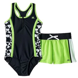 ZeroXposur Girls Acid Lime Green & Black One-Piece Swimsuit & Shorts Set NEW $50 - Picture 1 of 3