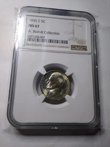 1945-S INCREDIBLE JEFFERSON SILVER WAR NICKEL NGC MS67 W/GOLD & RAINBOW TONING.! - Picture 1 of 7