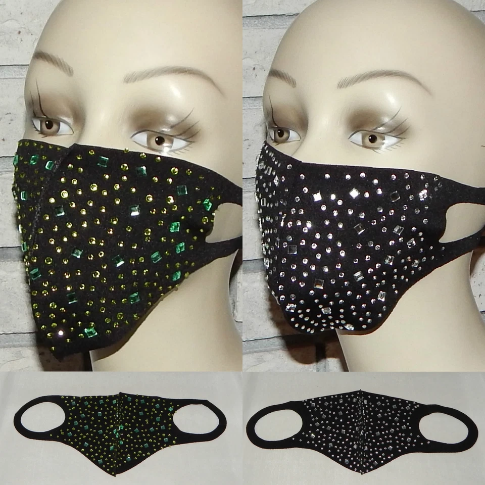 LOT OF 2 SPARKLE GREEN/SILVER GEOMETRIC BEADS WASHABLE STRETCH FACE MASK INDIANA - Image 1 of 1