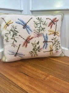 Dragonfly Floral Needlepoint Pillow Cream Green Zipper 16x11 - Picture 1 of 6