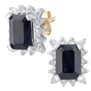 9ct Gold Jewelco London Diamond Emerald Cut 2.2ct Sapphire Cluster Stud Earrings - Picture 1 of 4