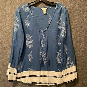 Sundance Top Damen klein blau Paisley Blumen Kontrast Saum Quaste Krawatte Boho Bluse - Bild 1 von 8