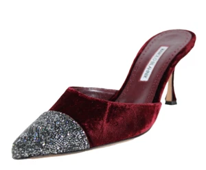 MANOLO BLAHNIK Red Velvet & Silver Crystal Pointed Toe Heels Mules 39 - Imagen 1 de 11