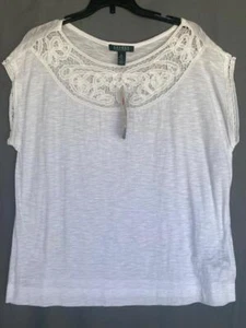 NWT Sz L LAUREN RALPH Cotton Blend Jersey White Lace Neckline Blouse Top Slub T - Picture 1 of 3