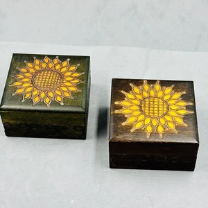 2 Sunflower Mandala Wooden Hinged Keepsake Stash Box Boho Jewelry Case Poland - Picture 1 of 16