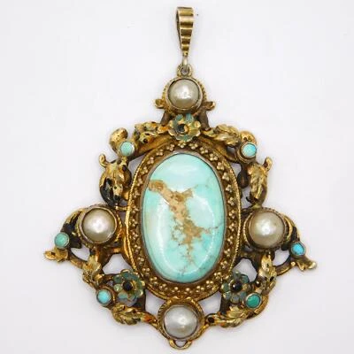 COLGANTE ADORNADO AUSTROHÚNGARO TURQUESA Y PERLA DORADA Foto 1 de 4