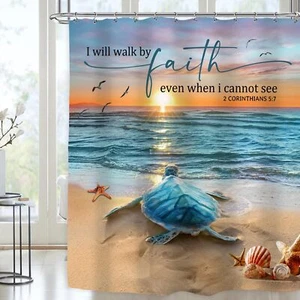 Beach Turtle Shower Curtain 60Wx72H Inch Bible Verse Curtain Ocean Sea Animal - Picture 1 of 8