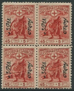 Spain 45 Ctms 5 Blade 3 Ptas. 1938 Red / Block 4 / de Luxe / / MNH - Picture 1 of 1