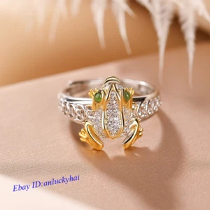Real Solid 925 Sterling Silver Band Natural Jade Jasper Coin Toad Frog Ring - Picture 1 of 4
