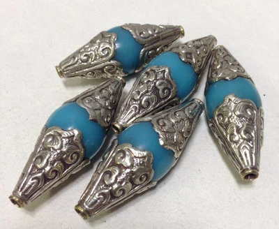 Beads Blue Bakelite Silver Embellished Tibetan Bead - Image 1 of 2
