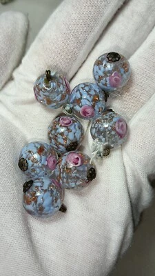 VTG Venetian Murano Blue Gold Foiled Sommerso Capped Glass Beads Buttons 8 Pcs - Image 1 of 4