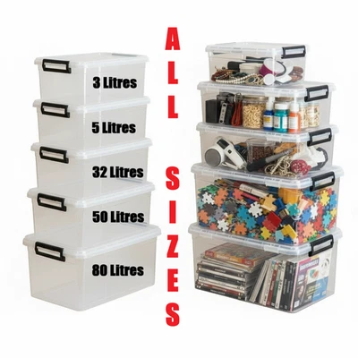 Clear Plastic Storage Boxes with Clip Lids Home Office Heavy Duty Stackable Box - Image 1 of 4