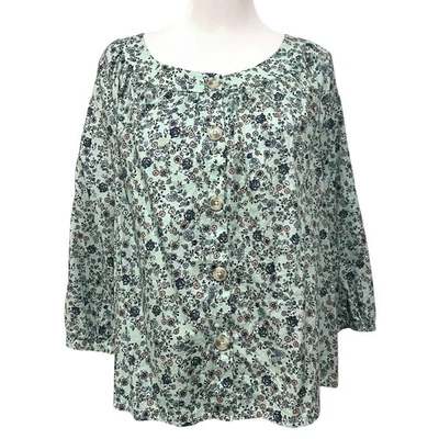 J. Jill Floral Peasant Top Blue Feminine Boho Cotton Button Up Womens Petite L - Image 1 of 4