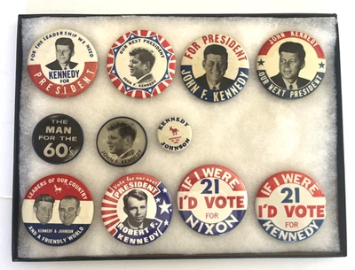 1960’s Lot of 11 Kennedy JFK-RFK-Nixon Original Political Campaign Pins Buttons - Image 1 of 4