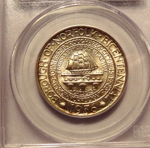 1936 NORFOLK COMMEMORATIVE HALF DOLLAR, PCGS MS 66, CAC APPROVED !, NICE TONING! - Picture 1 of 3