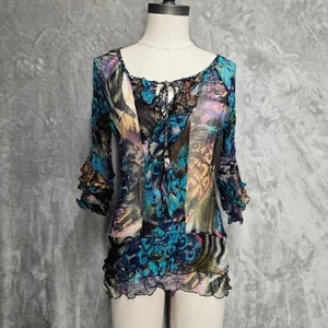 Boho Sheer Blouse Floral Print Ruffle Trim Tie Neck 3/4 Sleeve Top No Size Tag - Picture 1 of 11