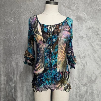 Boho Sheer Blouse Floral Print Ruffle Trim Tie Neck 3/4 Sleeve Top No Size Tag - Image 1 of 4