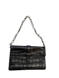 Furla Croc Black Embossed Leather Bag Chain Purse Pouch Bag Clutch Italy - Picture 1 of 12