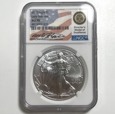 2018 1Oz American Silver Eagle $1 NGC MS70 ER Miles Standish Signature Coin Rare - Image 1 of 4