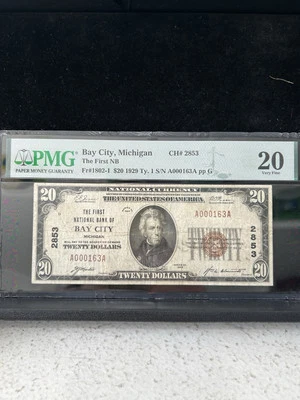SASA 1929 First National Bank Bay City Michigan $20 Pmg Vf20 Low Serial Num - Image 1 of 2