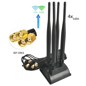 I03D WLAN Antenna 2.4 GHz 5.8 GHz 4x 6dBi RP-SMA Cable 3m with Magnet Stand - Picture 1 of 11